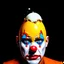 Placeholder: A lone and sad clown in a vibrant A surreal, hyper-realistic digital artwork of a human man clown with a cracked eggshell as the top of his head, revealing a raw egg yolk and egg white spilling down his red nose and his face face. The clownn’s facial expression is introspective and solemn, with piercing blue eyes gazing upward. The egg yolk is glossy, vibrant orange, and the egg white drips realistically down his sad face, emphasizing texture and gravity. The background is a sidewlk, soft gradie