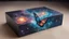 Placeholder: a box 10 cm long by 5 cm wide and 25 cm high, drawn on a box on all sides, butterfly nebula, space, tress, planets, realistic