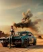 Placeholder: Realistic image. Mad max car. woman in the foreground. BMW 4 series. 4k resolution, intricate details, ornate details, soft lighting, vibrant colors, mad max background