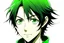 Placeholder: A young adult male with shoulder length black hair and bright green eyes. anime