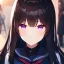 Placeholder: Clear focus,High resolution, Black long straight hair, Long bangs, and purple eyes, Looking down on you, wearing a sailor uniform that is black and red, sighing, Detailed hair