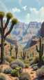 Placeholder: A Joshua trees and cactus trees , surrendered by the Grand Canyon mountains the desert, in a forgotten battlefield over run by vegetation, cutesy tiktok detailed oil painting, grainy, old style