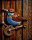 Placeholder: Small brown wren with intricate feathers perched on a weathered barn door, the door is cracked and rotting with a rusting handle, intricate woodgrain patterns with peeling paint, rusted bolts, deep textures, acrylic art, highly detailed