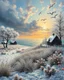 Placeholder: Richly textured Hieronymus Bosch, Catrin Welz-Stein, William Turner, Zdzisław Beksiński, Jacek Yerka oil on canvas zentangle line art style mix, surreal frosted fantasyland winter oceanscape, hoarfrost on trees, high grasses, snow and cottages, withered flowers, pale sunrise; paint splatter, beautiful vibrant colors, reflections, SK, flying seagulls, dramatic clouds, snowfall.
