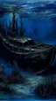 Placeholder: A dark blue underwater shipwreck painted by Claude Monet