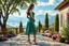 Placeholder: very beautiful lady with beautiful midi green- silver,jeweled lace skirt and pretty same material top with curvy hair high heels standing in a nice villa yard with trees flowers ,in country side in floor of beautiful mountains ,sea with ships ,water falls,16 by 9