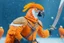 Placeholder: half parrot half human in a orange dutch uniform being cut with a sword in a sword fight in the snow