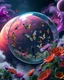 Placeholder: A butterfly garden inside a floating glass sphere orbiting a gas giant: The garden is now contained in a transparent sphere floating in space, orbiting a massive, colorful gas giant planet with swirling storms of red, orange, and purple. The butterflies, with wings of metallic shimmer, fly gracefully through the zero-gravity environment, while enormous, otherworldly flowers bloom inside the sphere. Visitors float gently through the air, surrounded by swirling clouds of pollen