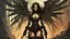 Placeholder: biomechanical women, beautiful, steampunk, dusty brunette, long square, large steampunk black wings, sword, steam, dynamic pose, rain, wind, ashes, flashes of fiery threads, steam engine, caves with rusty pipes on the background, dark world, sketch art, fine lines, grunge, sensual, darkness, dark colors, by Raymond Swanland & Alyssa Monks & Anna Razumovskaya