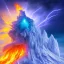 Placeholder: close up of colorful bird in front of exploding ice castle, ski tracks and blue storm clouds and burning lightening