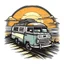 Placeholder: A retro camper van parked by the ocean, nostalgic, carefree, golden hour lighting, T-shirt design graphic, vector, contour, white background.