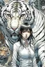 Placeholder: junji Ito ~ shintaro kago ~ apollonia saintclaire ~ saturno butto ~ anime woman posing. standing next to giant fierce white tiger. anime style alluring. cute, amazingly girly. Cute. anime girl. unrealistic feminine anatomy, very feminine pose. Gorgeous features . Hyper detailed. High definition. Anime style. HDR. 8k. This contrast between the fantastical character and the more bold color scheme and elements gives the piece an intriguing narrative quality. painted realism, photorealistic, fantasy