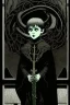 Placeholder: 7 year old boy, necromancer, friendly, looks dead,with a lamprey serpent , wearing black robes, in the style of Harry Clarke