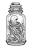 Placeholder: spooky ghost stuck in the jar idea, line art, background, vector, svg, black outline on white background, leave plenty of white space beetween lines for coloring, tattoo style, tattoo idea,full body, minimalist