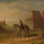 Placeholder: a man on a horse with a town in the background