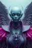 Placeholder: a photorealistic grey alien angel translucent transparent, surrealism, fog, octane render, cinematic, futuristic outfit, haute couture, exotic jewerly, blue pink, florest background