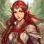 Placeholder: A confident high elven woman adventurer with long brown hair, intense red eyes, colored manga style, fantasy setting, intricately detailed