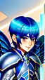 Placeholder: a human male with blue short hair and blue wings in assymetrical armor with geometric patterns and a book in hand