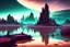 Placeholder: Alien rocky landscape, with lagoon, vegetation, distant city, sci-fi, epic