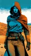 Placeholder: create a fine art print full body illustration of a rugged gritty, roughly textured, hooded, blue eyed, Fremen female mercenary with highly detailed feminine facial features, amidst the swirling desert sands of Arrakis, in the comic book art style of Bill Sienkiewicz, and Jean Giraud Moebius, finely textured, drawn, colored, and inked,