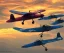 Placeholder: Two old plane fighters combating at dawn with vivid colours