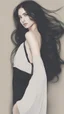 Placeholder: A close picture to a beautiful white skin woman with black soft hair and the hair cover half of Her face