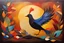 Placeholder: Create a painting of mysterious fortune Bird with two legs for wealth and busines growth, earthen background, vibrant rich dark colors combining with bstract shapes and warm color palettes, letting the painting take on an organic and earthy vibe