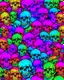 Placeholder: a field of skulls, multi colored, bright, vivid, psychedelic, high detailed, matte, , horrorcore, lining the street, unsettling contrast