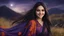 Placeholder: Hyper Realistic Close-up-face-view of a Beautiful Young Happy Pashto Girl with long-black-hair smiling & wearing purple-&-orange-embroidery-dress-with-black-shawl whirling with breeze, tall-grass along with a thick-tree on mountain top & cloudy-moonlight at night showing dramatic & cinematic ambiance