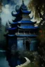 Placeholder: A dark blue dragon palace painted by Claude Monet