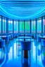 Placeholder: A restaurant whose outer walls are oval in shape, the color of the inside is blue, and its floor is light, with a bar table in the middle of the restaurant in the shape of an oval, containing 30 chairs, and the walls are made of tinted glass