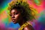 Placeholder: 40 year old black woman in a yellow dress in a photorealistic portrait style in front of a swirling psychedelic cosmic galaxy background with multicolor lights and swirls