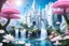 Placeholder: wanderful fairy and cosmic panorama with white castle, blue sky, white trees,, big waterfall in the lake,white lotus flowers, white and pink butterfly, spaceships