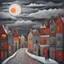 Placeholder: Moonlight patchwork in the style of Raymond Briggs, Laurel Burch, Randolph Caldecott, Picasso. Expressionism, oil painting, november here in my home country is depressing, late autumn morning, partial red sunrise through grey low and moody clouds, cold dampness and low mist, very thin snow patches covering ground here and there, Tallinn cityscape and people strolling along medieval cobblestone streets bordered with beautiful medieval houses, classic oil, classic artistry, beautiful brush stroke