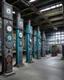 Placeholder: A gray factory with iron clocks designed in pacific Northwest totem poles painted by Zhang Lu