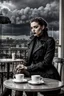 Placeholder: goth fashion model sitting on the coffee shop's teracce. goth black trench coat. Big black clouds on the grey sky, storm with lighting. intense white light. high detalied, sharp focus, perfect shot, professional photo