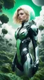 Placeholder: Wide angle photo of a sci-fi woman with blond hair, silver and black futuristic spacesuit looking android-like, standing on an alien jungle planet with cloud trees in multiple green hues