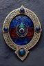 Placeholder: the symbol of an ancient Celtic female vampire coven , in the form of highly detailed triskele worked in lapis lazuli, emerald, and ruby, with the all seeing eye at its center lapel pin, in the graphic novel style of Bill Sienkiewicz, Jean Giraud Moebius, and Enki Bilal