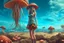 Placeholder: woman in a form-fitting outfit, standing on a beach of an alien world, watching mushrooms with jellyfish tentacles in the sky, photorealistic, Deep Colour, Fantastical, Intricate Detail, sunshine