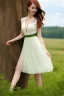 Placeholder: full shot body of Woman portrait with fairly pale skin , green eyes, long auburn hair, and wearing a pretty lace dress . Her outfit is a sexy dress , nice sport shoes. country side ,small lake with a hose in side,