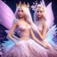 Placeholder: cute fantasy fairy with luminous wings, smiling, make up, long platinum blond hair with crown and flowers, pink dress, unreal engine