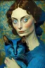 Placeholder: brunette woman with blue eyes holding cat by van gogh
