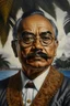 Placeholder: Painting portrait of samoan king with glasses and mustache and palace in the background