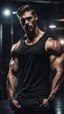 Placeholder: Hyper Realistic handsome muscular man in black-tank-top giving SENSUAL POSSES in a dark gym at night showing dramatic & cinematic ambiance