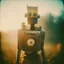 Placeholder: steampunk, vintage analog polaroid of a woman robot, sexy female body, fog, lomography, heavy film grain, sunset, color bleed, depth of field, bokeh, retro