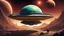 Placeholder: Planet Mongos in a another galaxy, a distance view from the space, a small spaceship saucer arrives to the planet