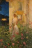 Placeholder: Night, vegetations, flowers, one woman looking at a distant house, mistery, gothic horror films influence, gustave caillebotte, and gustave moreau paintings