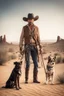 Placeholder: Full body cowboy in a desert with a dog and fancy walking stick