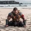 Placeholder: muscle viking back on his knees on a plazza, hands on the sand of the shore, ready to have his bloody back opened for execution and lungs open to the outside: this is the blood eagle ritual execution