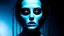 Placeholder: close up pale blue-white face with black shadow dark gold eyes, , void, hyper-realistic detail, floats in deep darkness, deep blue abyss, vertical shadows of five chains projected on her face, crepy stunning, surreal vibe with meticulous textures, dark shadow